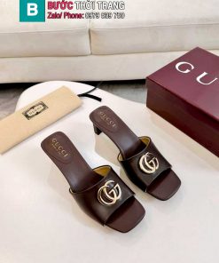 Dép cao gót GUCCI màu nâu da bò xịn mịn logo to nổi bật