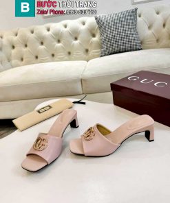 Dép cao gót GUCCI màu hồng nude da bò xịn mịn logo to nổi bật