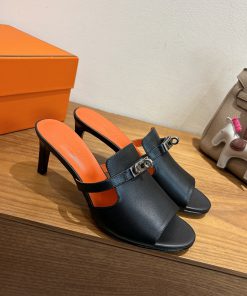 Dép cao gót HM màu đen da bê mềm mại tôn dáng sang trọng