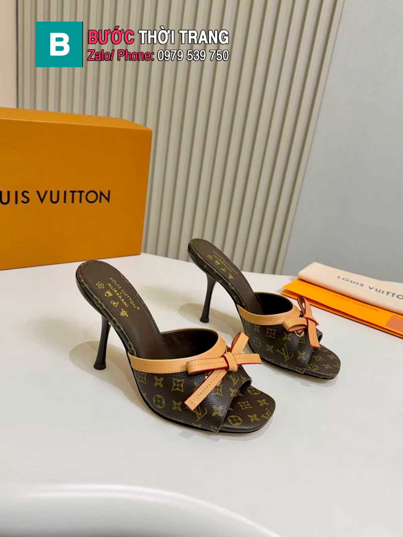 Dép cao gót LV màu nâu họa tiết monogram nổi bật đế cao 5.5 cm và 10 cm tôn dáng