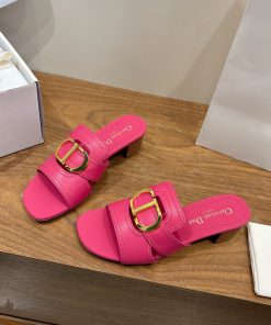 Dép nữ Dior màu hồng chất liệu da bò cao cấp đế cao 4,5 cm