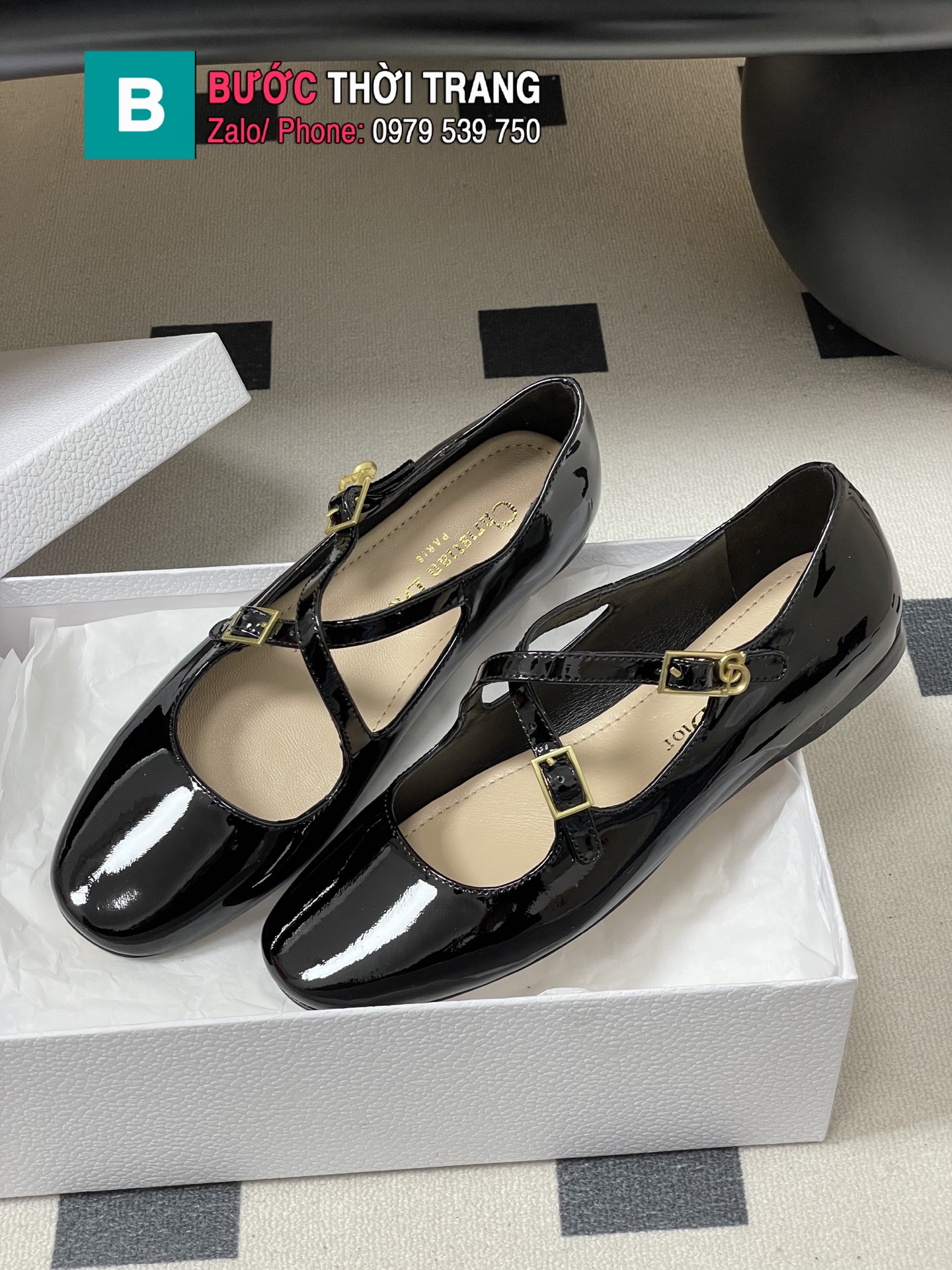 Giày búp bê nữ DIOR đế bệt màu đen da bóng mịn cao cấp