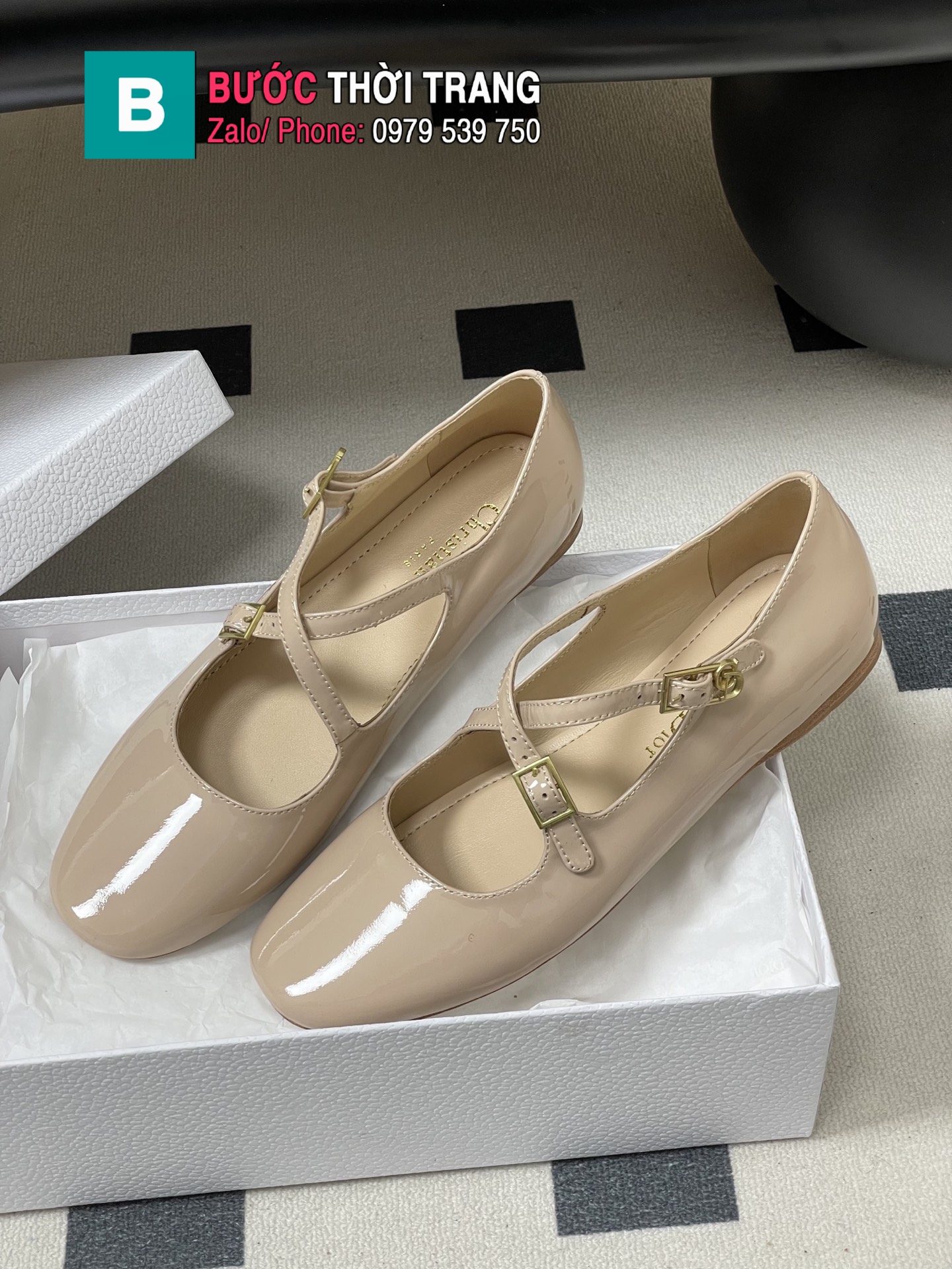 Giày búp bê nữ DIOR đế bệt màu nude da bóng mịn cao cấp