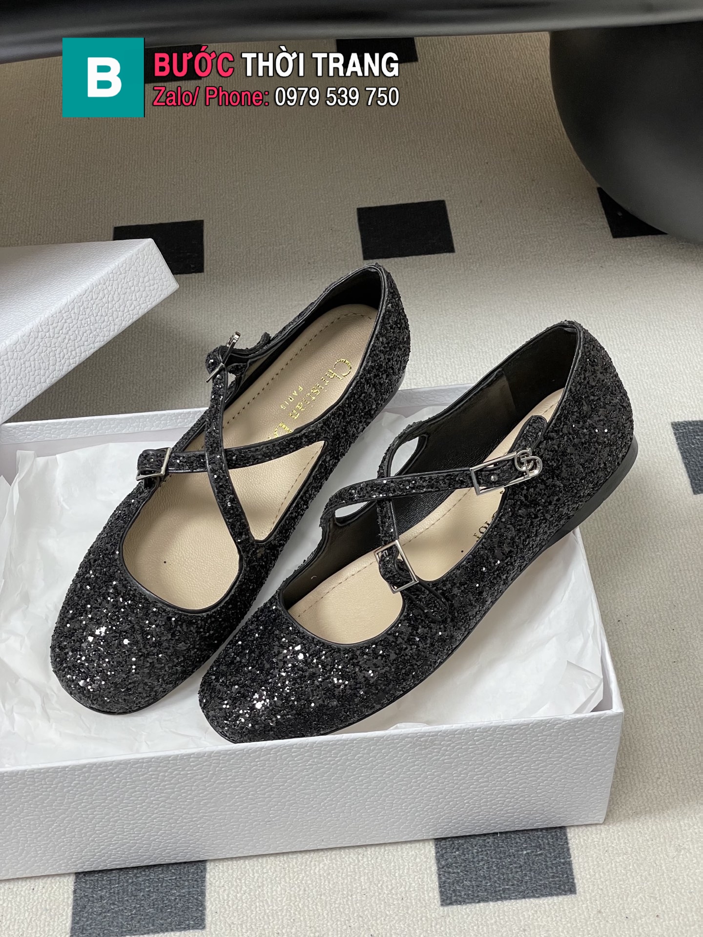 Giày búp bê nữ DIOR đế bệt màu đen lấp lánh cao cấp