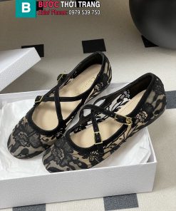 Giày búp bê nữ DIOR đế bệt màu đen họa tiết ren thêu nữ tính