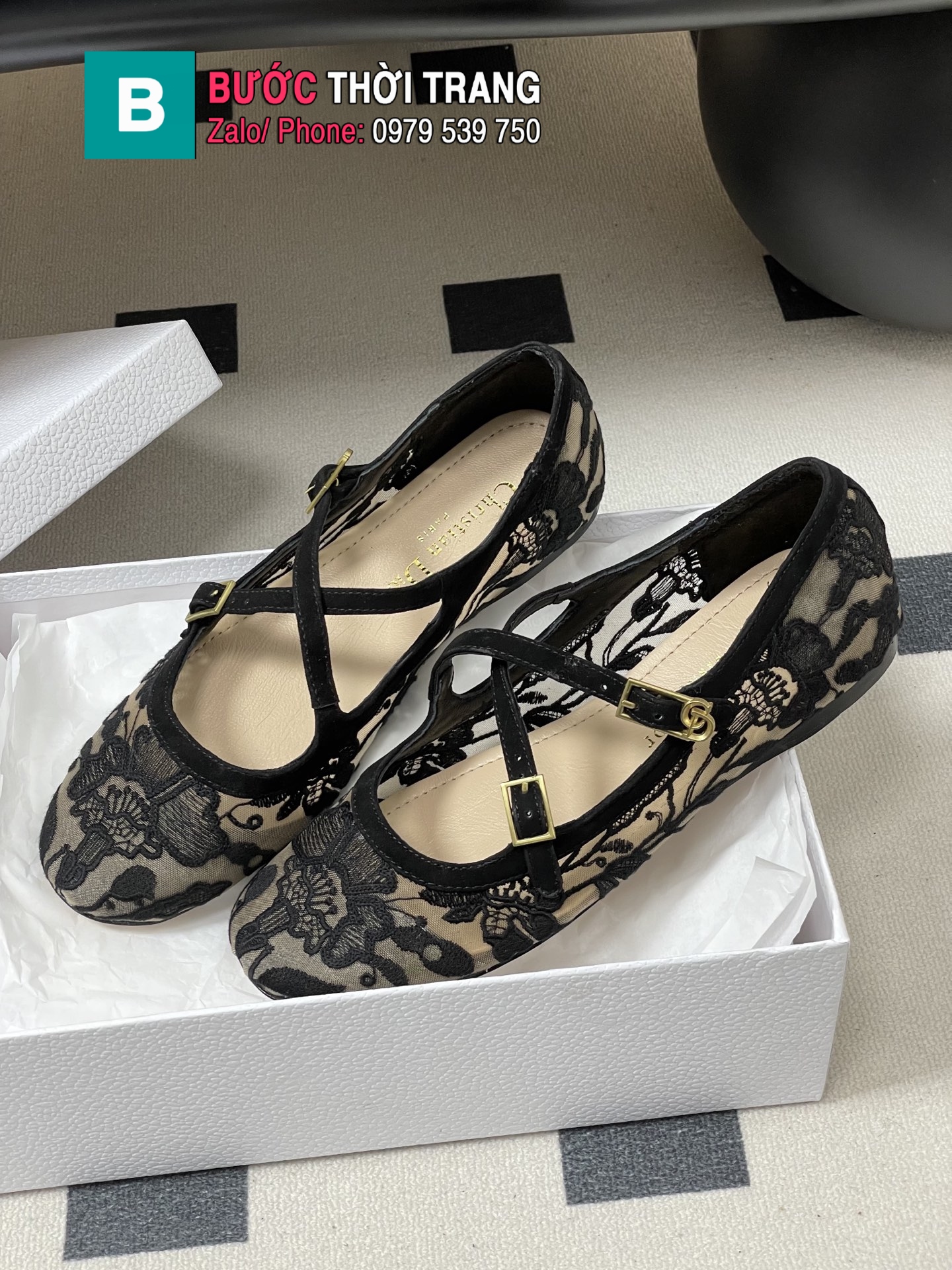 Giày búp bê nữ DIOR đế bệt màu đen họa tiết ren thêu nữ tính