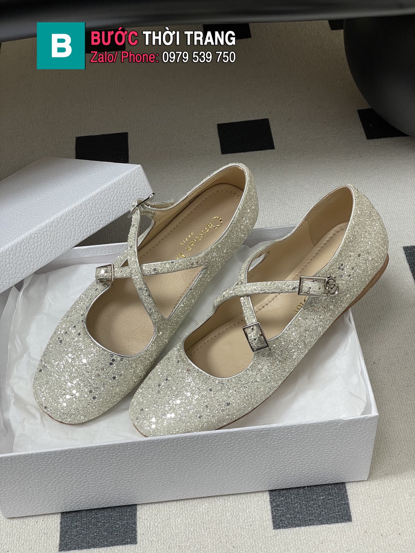Giày búp bê nữ DIOR đế bệt màu bạc lấp lánh cao cấp