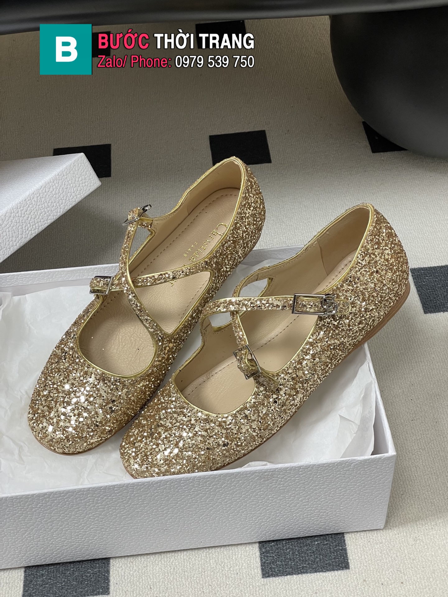 Giày búp bê nữ DIOR đế bệt màu vàng lấp lánh cao cấp