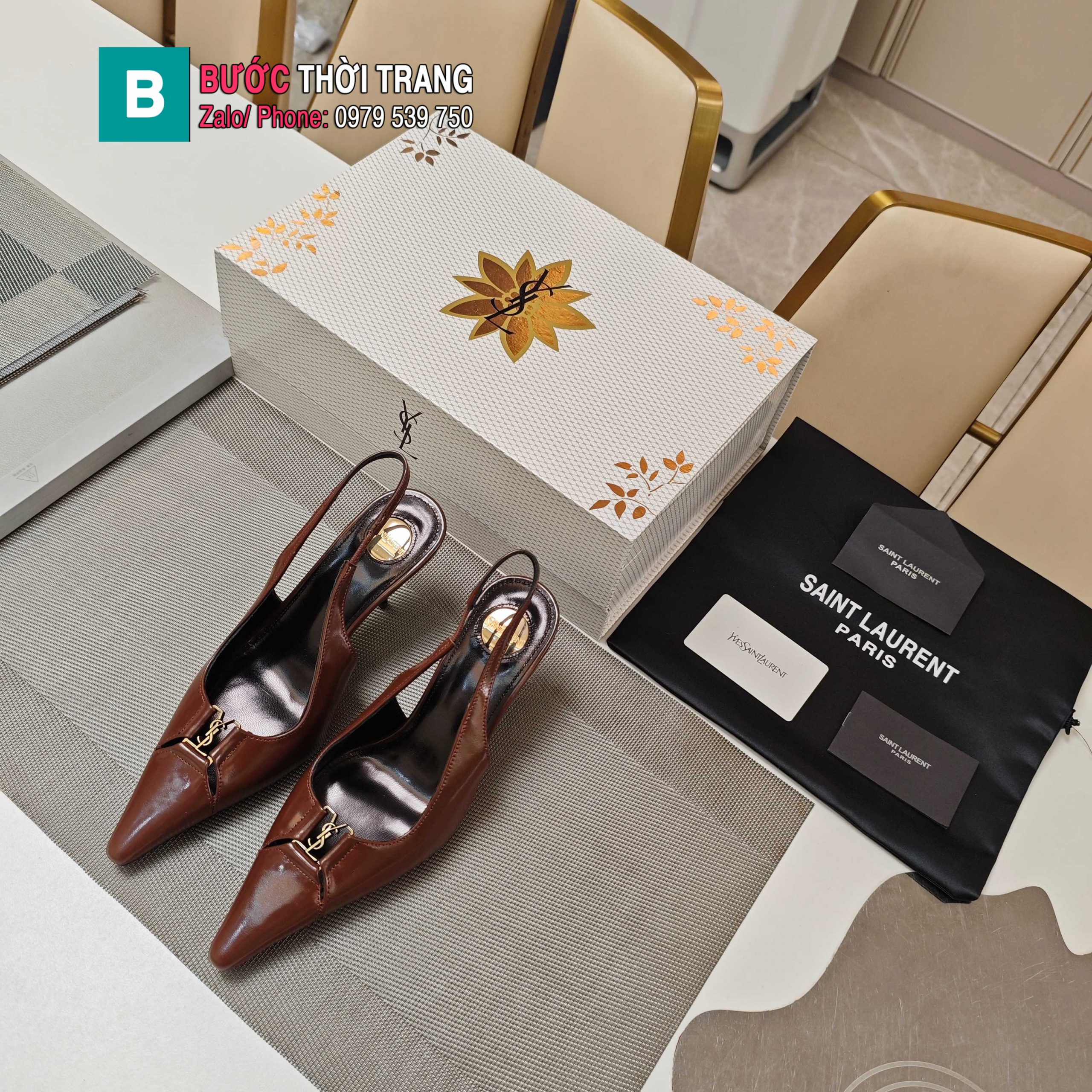 Giày cao gót YSL mũi nhọn màu nâu socola phong cách quý cô sang chảnh đế 7cm