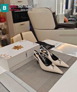 Giày cao gót YSL mũi nhọn màu trắng ngà phong cách quý cô sang chảnh đế 7cm