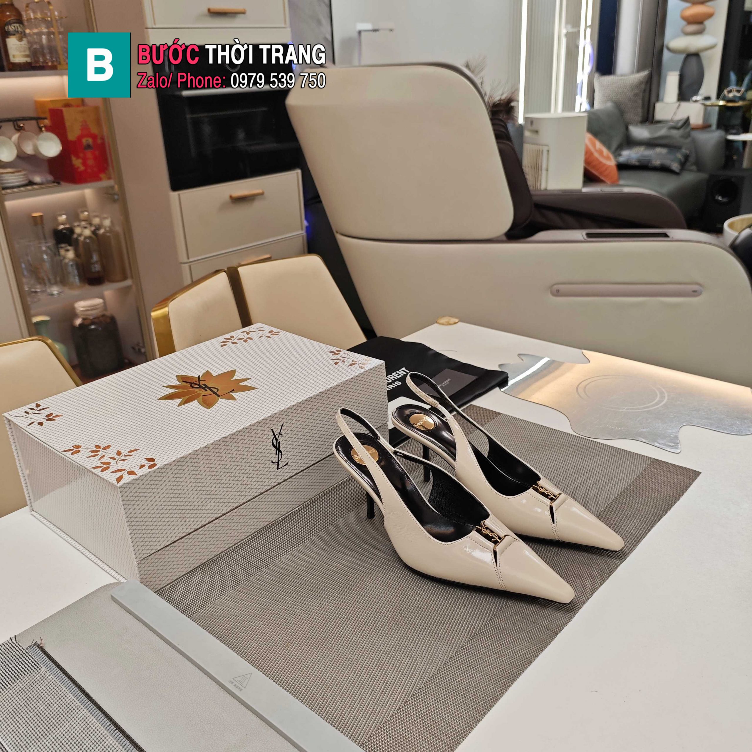 Giày cao gót YSL mũi nhọn màu trắng ngà phong cách quý cô sang chảnh đế 7cm