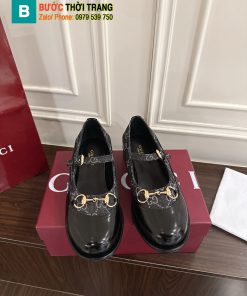 Giày Mary Jane Gucci khóa ngựa màu đen canvas da lì cao cấp đế cao 3.5cm