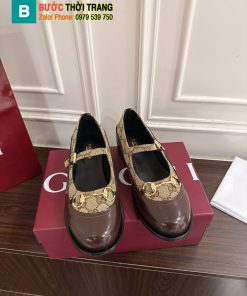 Giày Mary Jane Gucci khóa ngựa màu nâu canvas da lì cao cấp đế cao 3.5cm