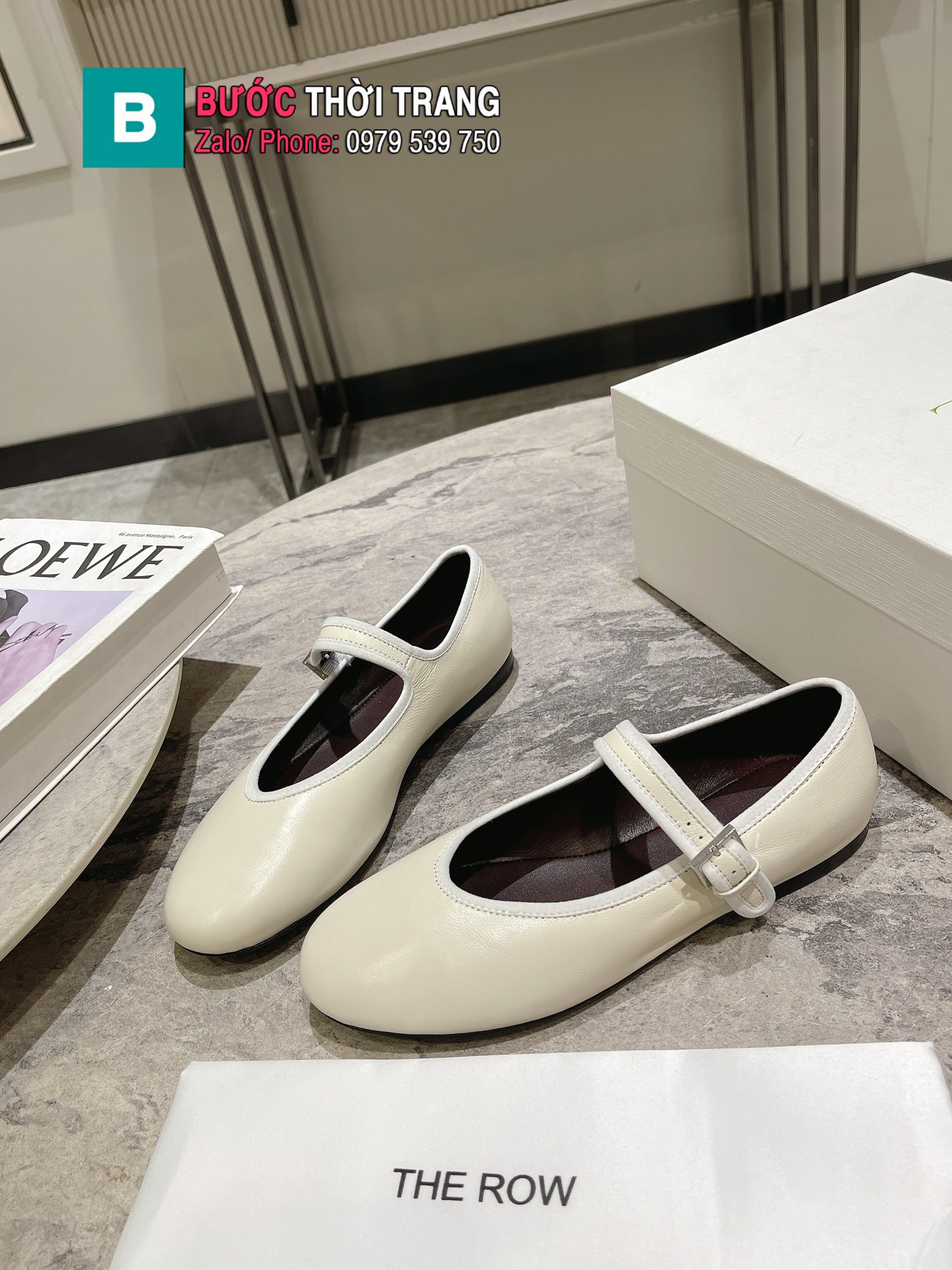 Giày bệt nữ The Row cao cấp màu trắng ngà da bò mềm mịn xịn