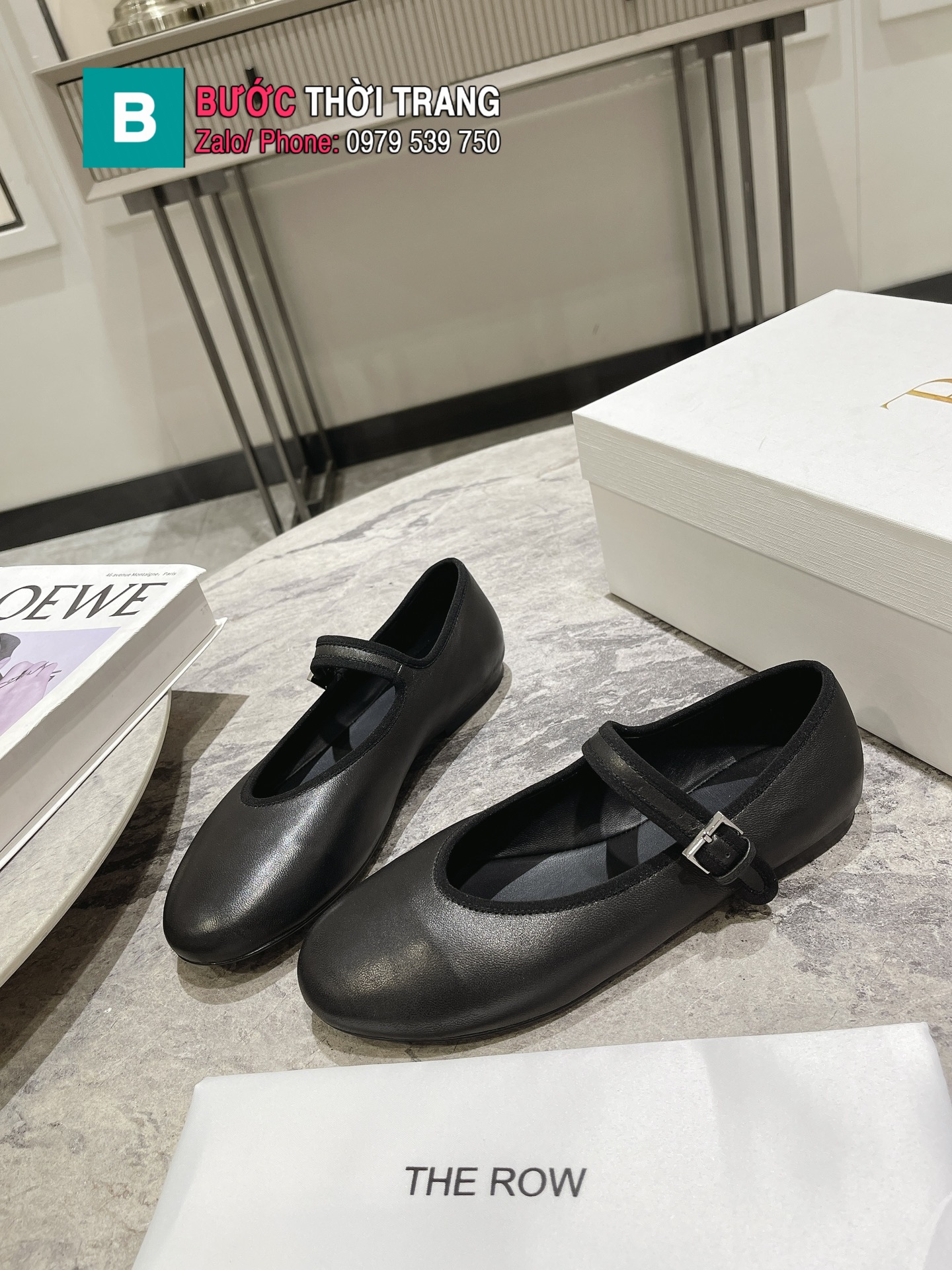 Giày bệt nữ The Row cao cấp màu đen da bò mềm mịn xịn