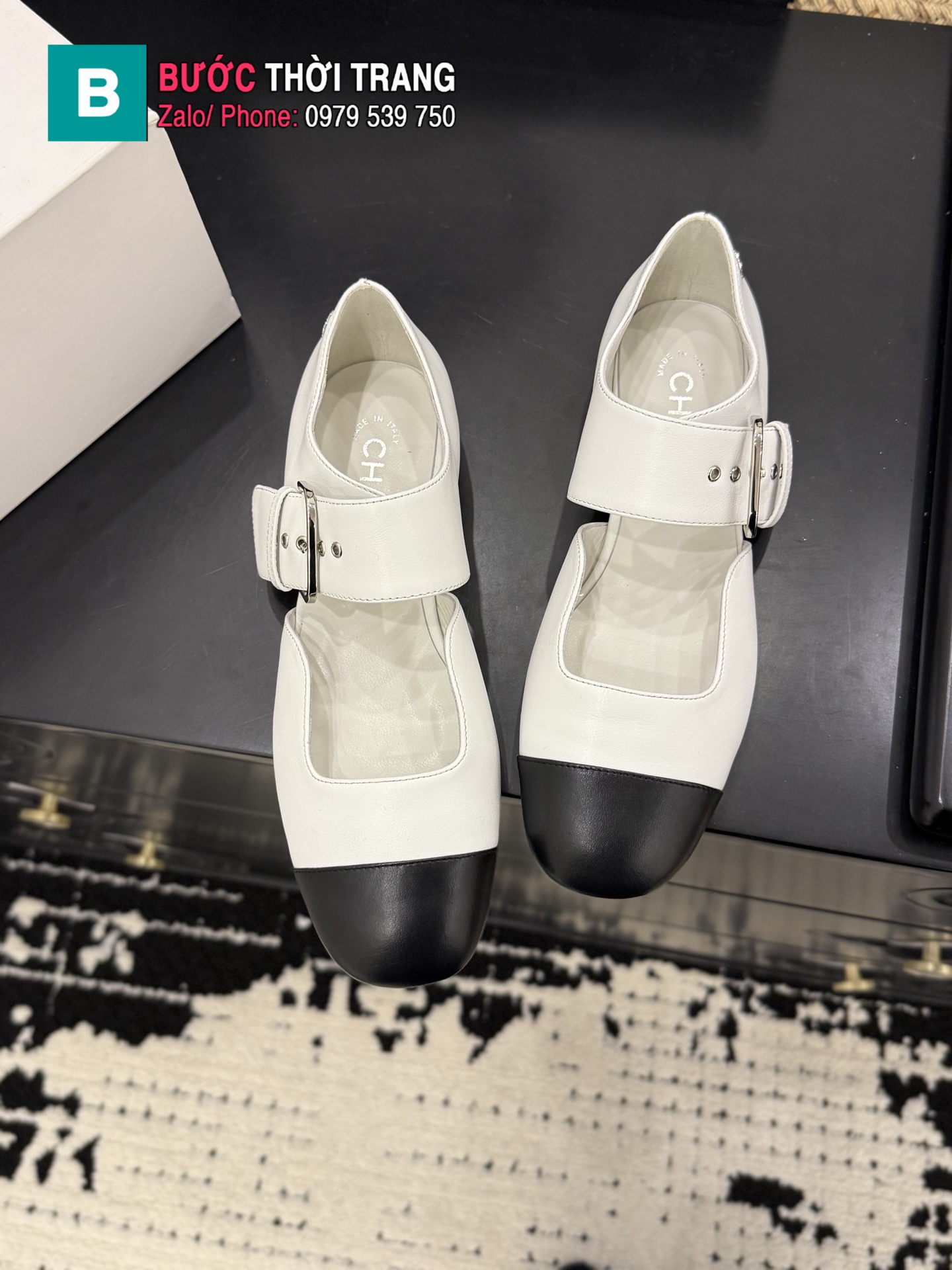 Giày bệt nữ CN màu trắng ngà da bò mềm xịn quai ngang nữ tính