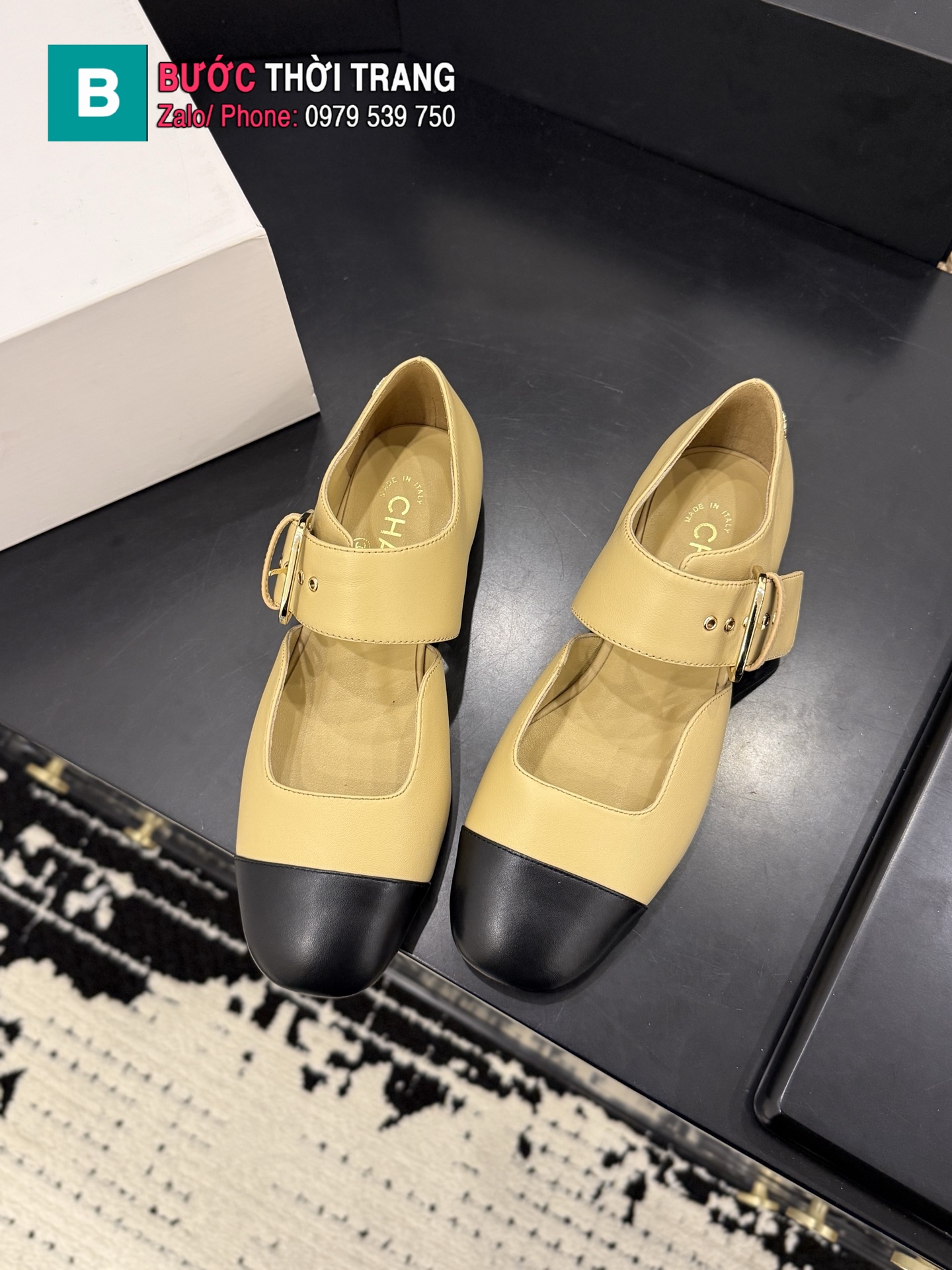 Giày bệt nữ CN màu nâu vàng da bò mềm xịn quai ngang nữ tính