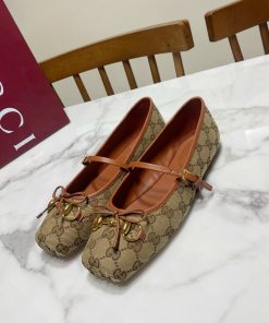 Giày búp bê nữ GUCCI màu nâu canvas mũi vuông
