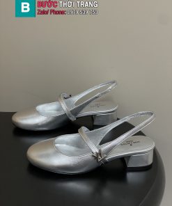Giày búp bê LV hở gót màu bạc da bò mềm mịn cao cấp đế cao 3.5cm