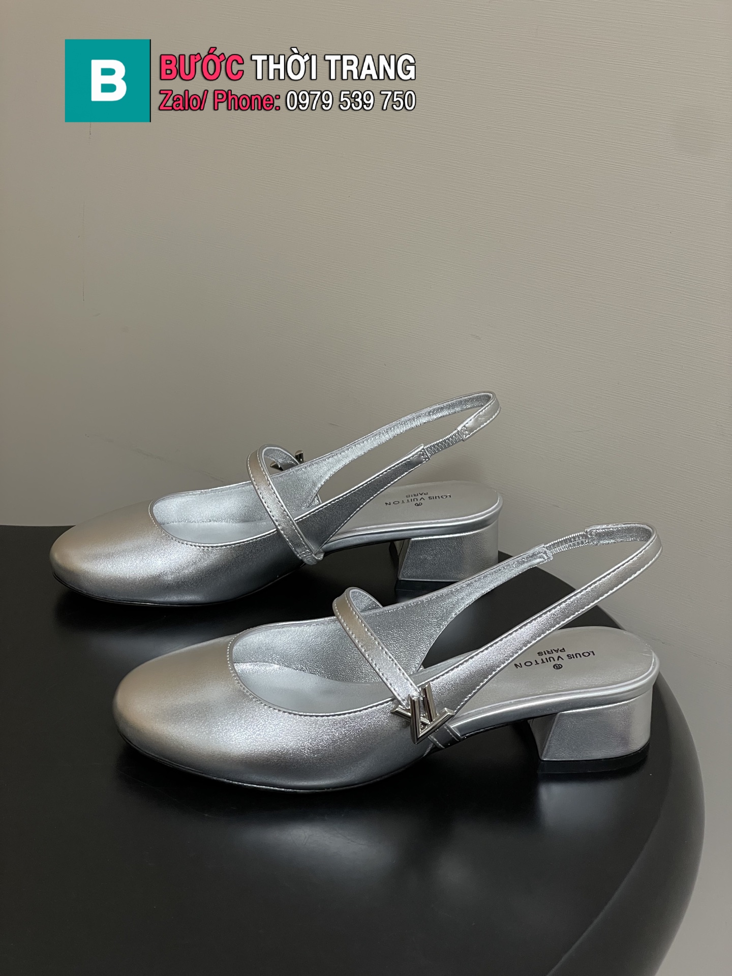 Giày búp bê LV hở gót màu bạc da bò mềm mịn cao cấp đế cao 3.5cm