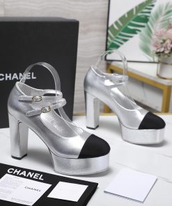 Giày cao gót CN màu bạc mũi đen da bò cao cấp đế cao 11 cm
