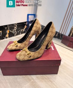 Giày cao gót GUCCI cao cấp màu nâu canvas đế vuông 7.5cm và 10 cm da bò mềm mịn