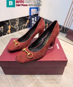 Giày cao gót GUCCI cao cấp màu đỏ đô canvas đế vuông 7.5cm và 10 cm da bò mềm mịn