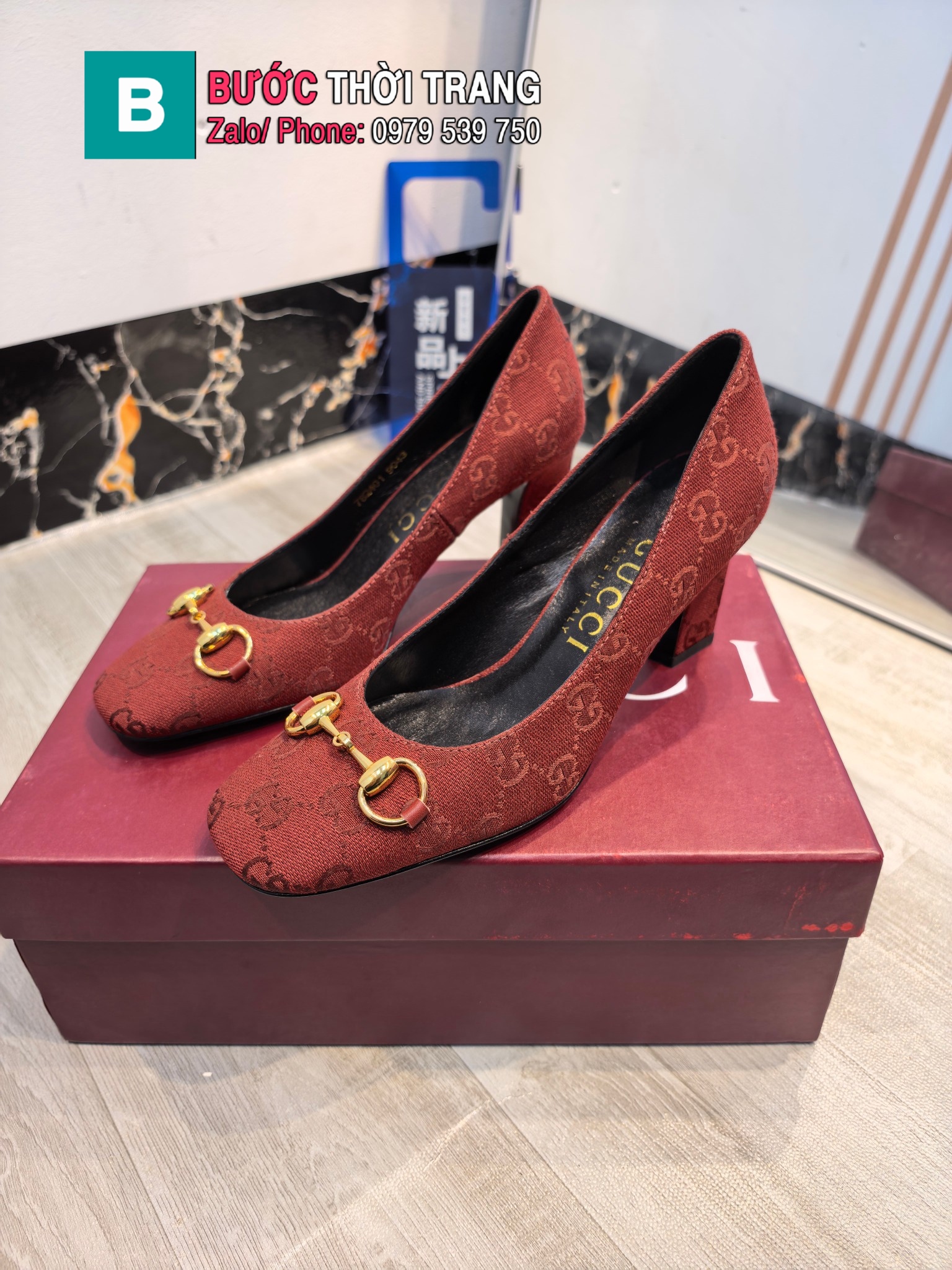 Giày cao gót GUCCI cao cấp màu đỏ đô canvas đế vuông 7.5cm và 10 cm da bò mềm mịn