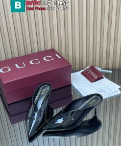 Giày cao gót Gucci cao cấp da bóng cổ chữ V màu đen mũi nhọn