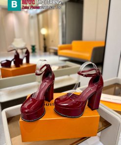 Giày cao gót LV mũi tròn màu đỏ đô da bóng sang trọng đế 12cm