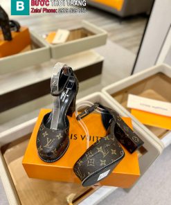Giày cao gót LV mũi tròn màu nâu họa tiết monogram da bóng sang trọng đế 12cm