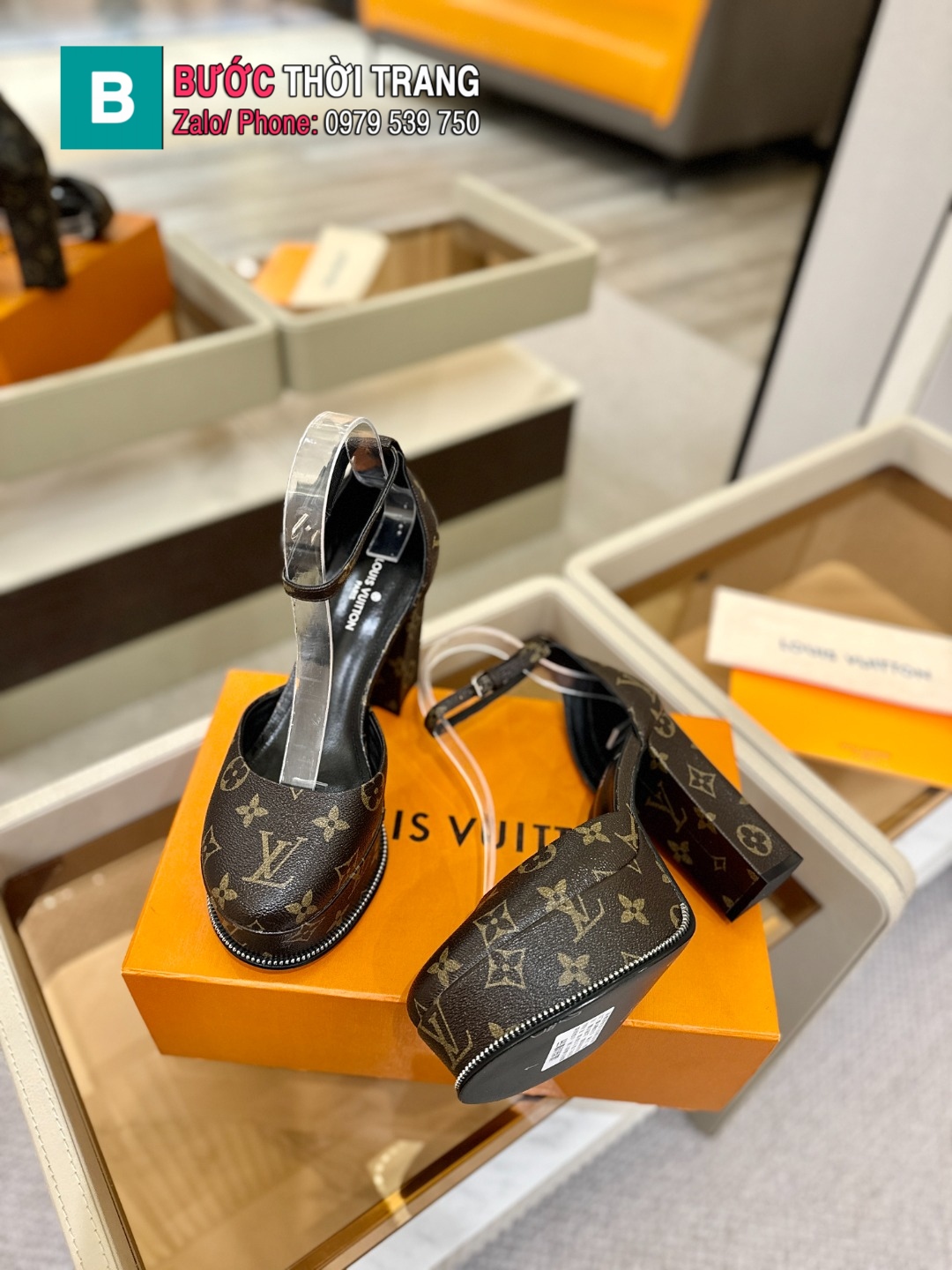 Giày cao gót LV mũi tròn màu nâu họa tiết monogram da bóng sang trọng đế 12cm