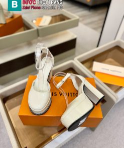 Giày cao gót LV mũi tròn màu trắng ngà da bóng sang trọng đế 12cm