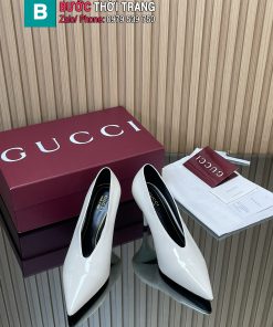 Giày cao gót Gucci da bóng cổ chữ V màu trắng mũi nhọn đế 8,5cm