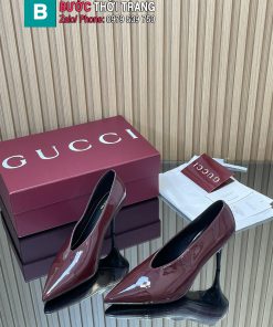 Giày cao gót Gucci da bóng cổ chữ V màu đỏ đô mũi nhọn đế 8,5cm