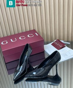 Giày cao gót Gucci da bóng cổ chữ V màu đen mũi nhọn đế 8,5cm