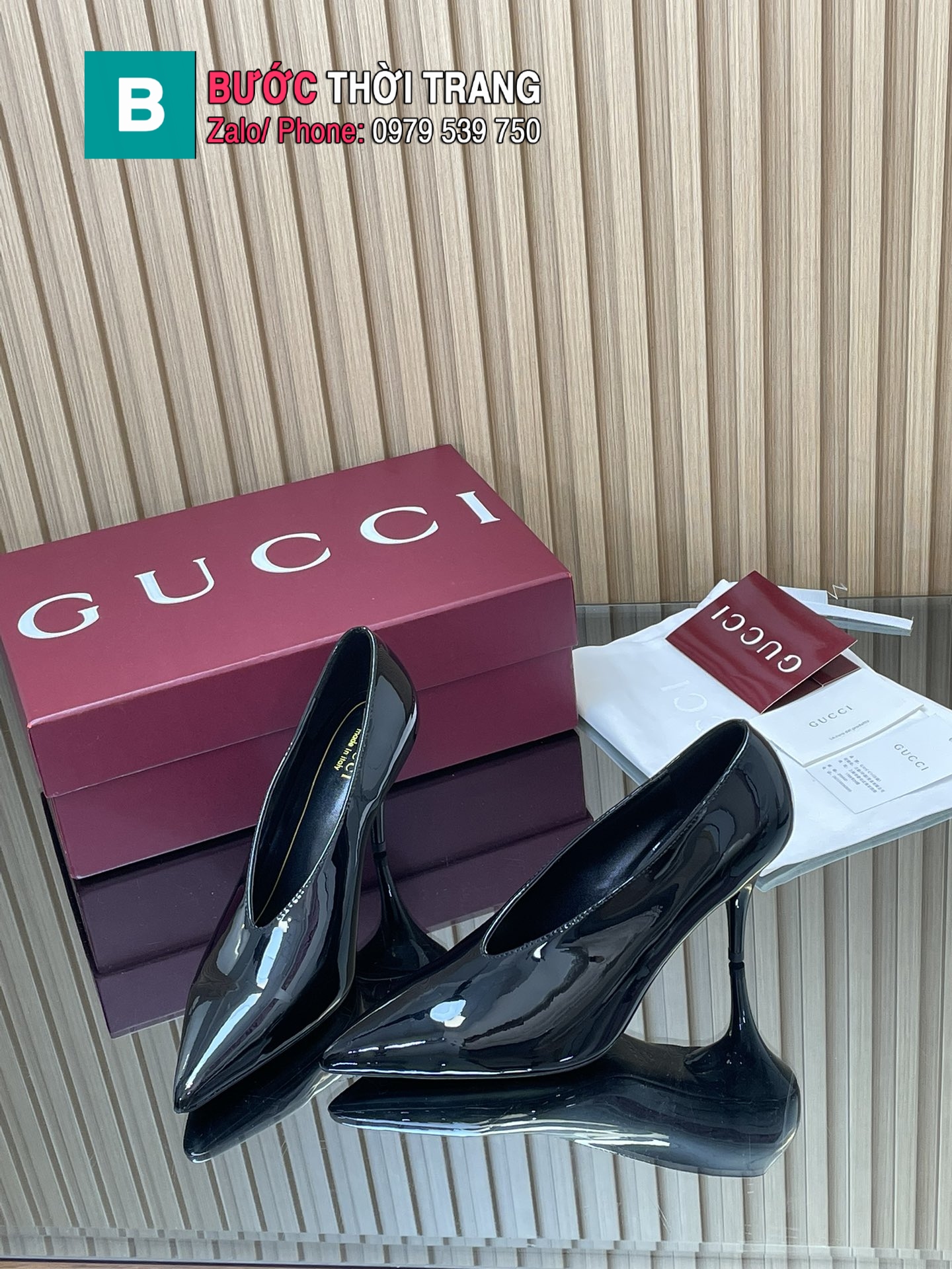 Giày cao gót Gucci da bóng cổ chữ V màu đen mũi nhọn đế 8,5cm