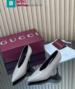 Giày cao gót Gucci da bóng cổ chữ V màu xám mũi nhọn đế 8,5cm