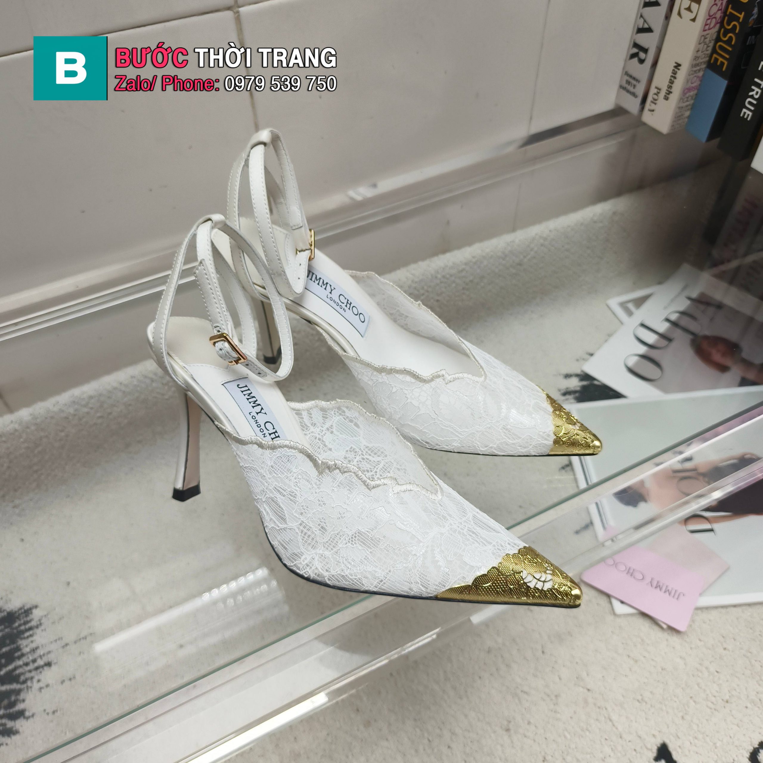Giày cao gót nữ Jimmy Choo màu trắng chất liệu ren sang trọng quý phái cao 9cm