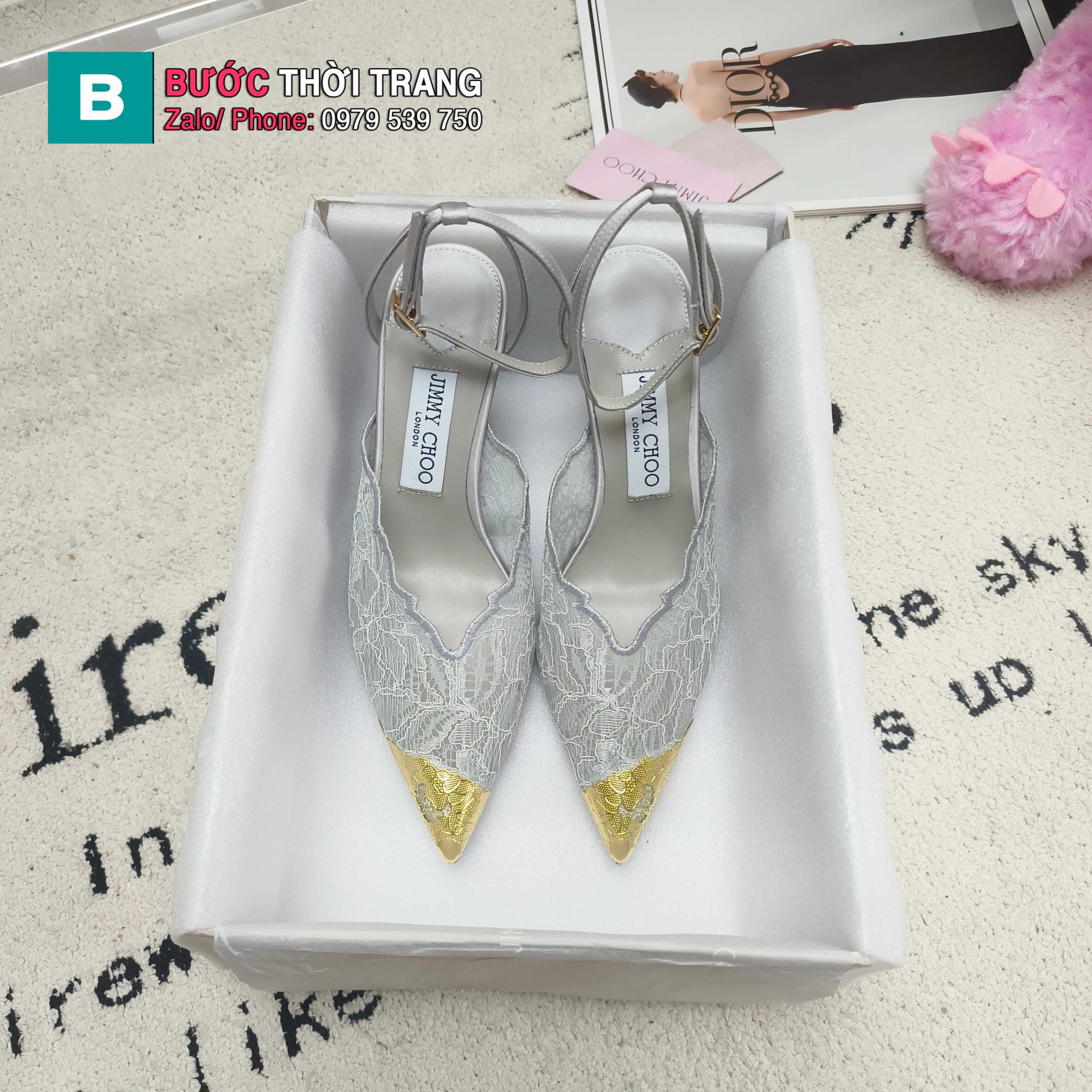 Giày cao gót nữ Jimmy Choo màu ghi chất liệu ren sang trọng quý phái cao 9cm