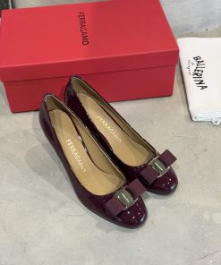 Giày cao gót nữ Salvatore Ferragamo nơ bản to màu nâu đỏ da bóng đế 7cm