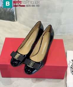 Giày cao gót nữ Salvatore Ferragamo nơ bản to màu đen da bóng đế 7cm