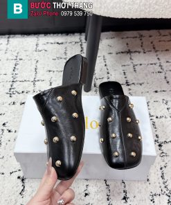 Giày lười nữ CHLOE màu đen da mềm đính hạt kim loại vàng sáng