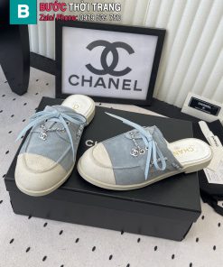 Giày lười nữ CN màu xanh mũi tròn thiết kế dây xích mới nhất