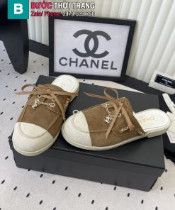 Giày lười nữ CN màu nâu mũi tròn thiết kế dây xích mới nhất