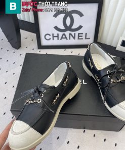 Giày lười nữ CN màu đen mũi tròn thiết kế dây xích mới nhất