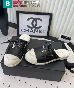 Giày lười nữ CN màu đen mũi tròn thiết kế dây xích mới nhất