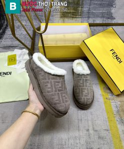 Giày lười FENDI lót lông cực ấm màu nâu ghi logo nổi bật