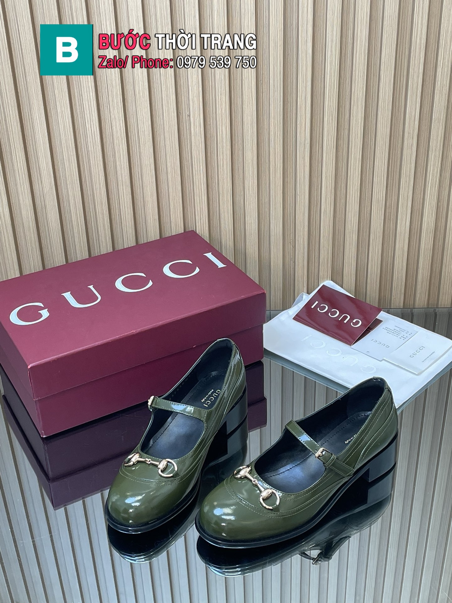Giày lười GUCCI cao cấp màu xanh rêu quai ngang nữ tính