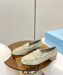 Giày lười nữ PRADA da lộn mềm mịn cao cấp màu ghi nhạt
